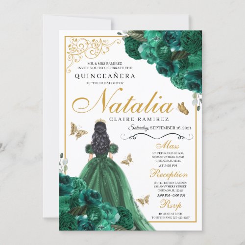 Emerald Green Floral Quinceanera Birthday Invitati Invitation