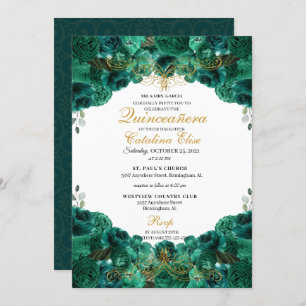 Emerald Green Floral Quinceanera Birthday Invitation