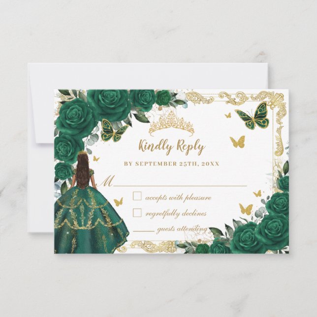 Emerald Green Floral Quinceañera Brown Princess RSVP Card (Front)