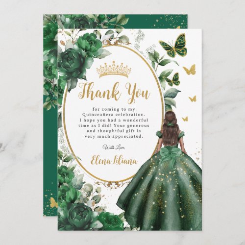 Emerald Green Floral Quinceaera Brown Princess  Thank You Card