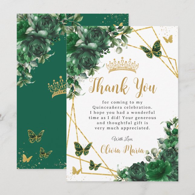 Emerald Green Floral Quinceañera Butterflies Thank You Card (Front/Back)