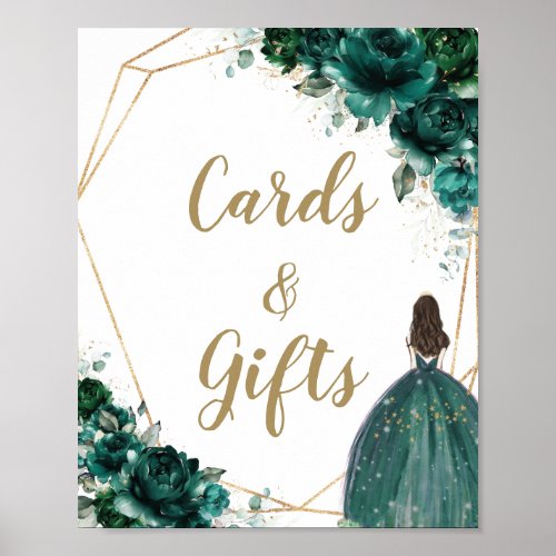 Emerald Green Floral Quinceaera Cards and Gifts  Poster