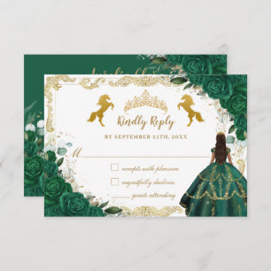Emerald Green Floral Quinceañera Charro Gold Horse RSVP Card