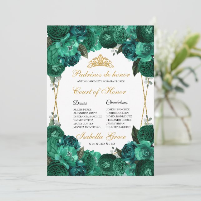 Emerald Green Floral Quinceanera Court of Honor Invitation (Standing Front)