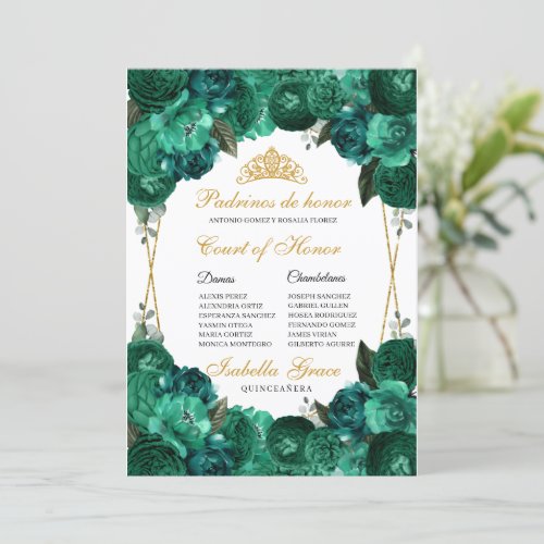 Emerald Green Floral Quinceanera Court of Honor Invitation