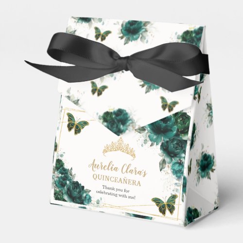 Emerald Green Floral Quinceaera Crown Butterflies Favor Boxes