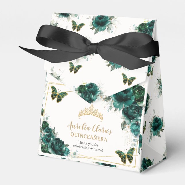 Emerald Green Floral Quinceañera Crown Butterflies Favor Boxes (Front Side)