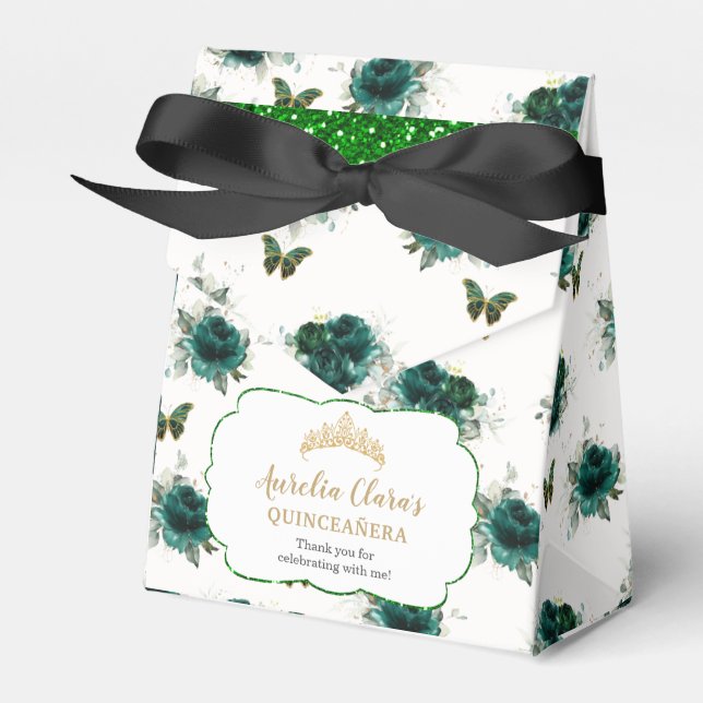 Emerald Green Floral Quinceañera Crown Butterflies Favor Boxes (Front Side)