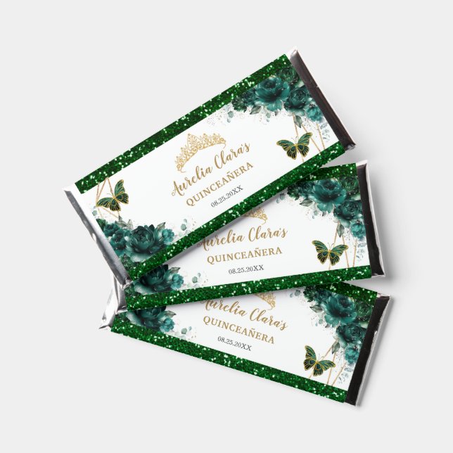 Emerald Green Floral Quinceañera Crown Butterflies Hershey Bar Favors (Front)