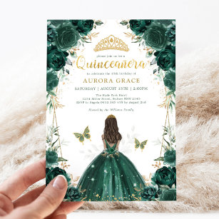 Emerald Green Floral Quinceañera Crown Princess Invitation