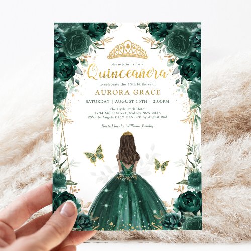 Emerald Green Floral Quinceaera Crown Princess Invitation