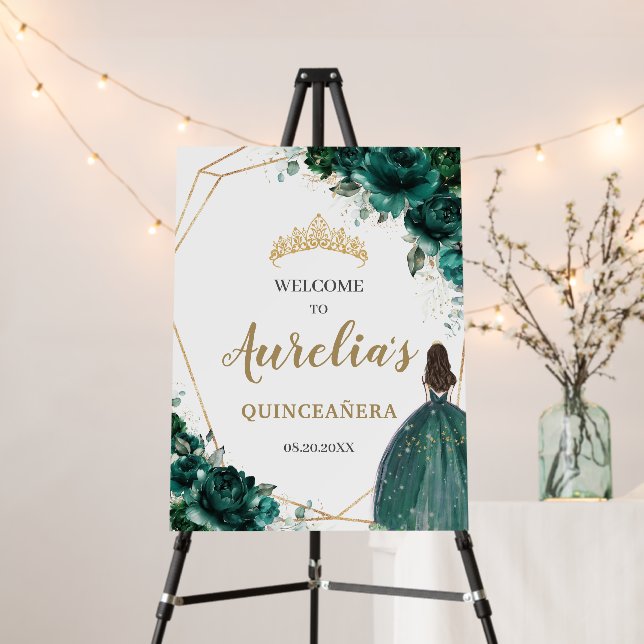 Emerald Green Floral Quinceañera Geometric Welcome Foam Board (In Situ (Stand))