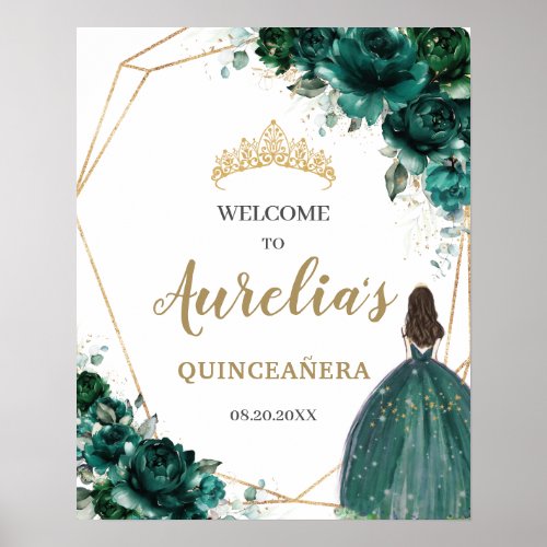 Emerald Green Floral Quinceaera Geometric Welcome Poster