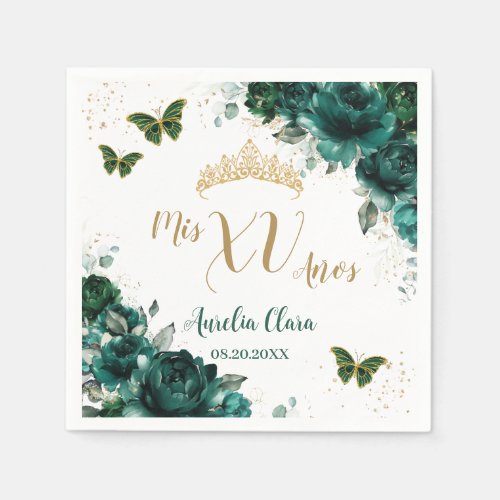 Emerald Green Floral Quinceanera Gold Butterflies Napkins