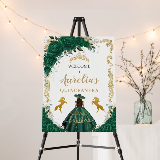 Emerald Green Floral Quinceañera Gold Horses Foam Board (In Situ (Stand))