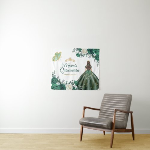 Emerald Green Floral Quinceaera Gold Welcome Sign Tapestry