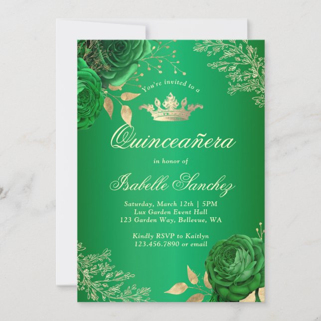 Emerald Green Floral Quinceanera Invitation (Front)