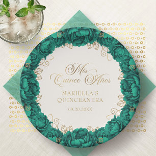 Emerald Green Floral Quinceanera Paper Plates