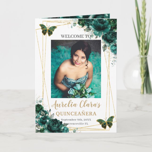 Emerald Green Floral Quinceanera Photo Padrinos Program (Front)