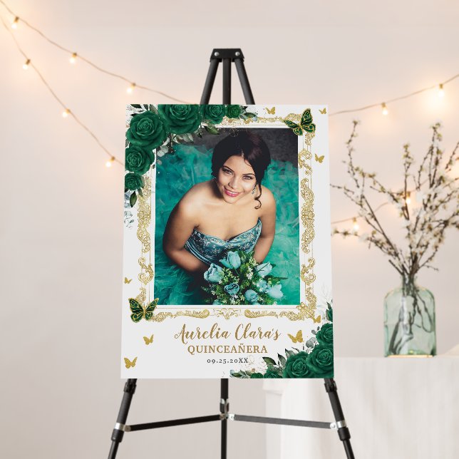Emerald Green Floral Quinceañera Photo Welcome Foam Board (In Situ (Stand))