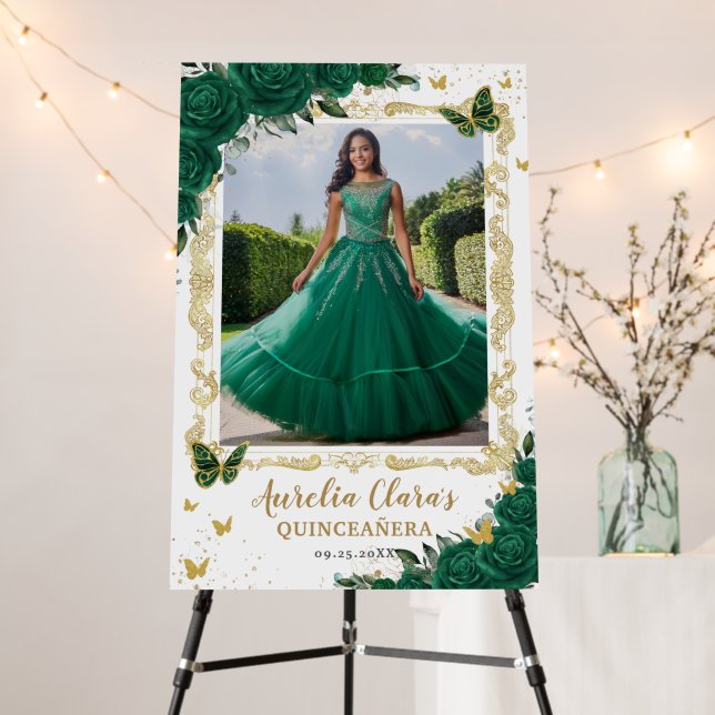 Emerald Green Floral Quinceañera Picture Welcome Foam Board (In Situ (Stand))
