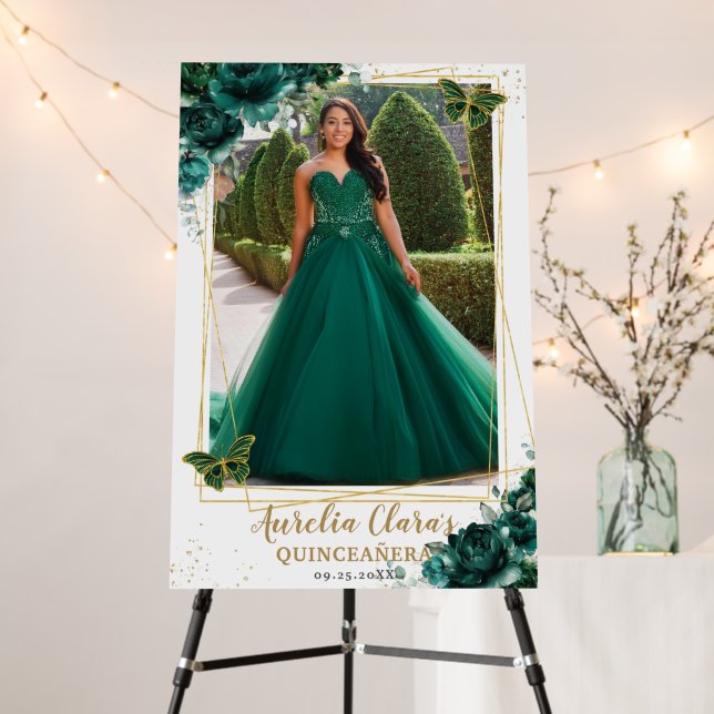 Emerald Green Floral Quinceañera Picture Welcome Foam Board (In Situ (Stand))