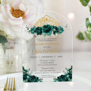 Emerald Green Floral Quinceanera Princess Crown Acrylic Invitations