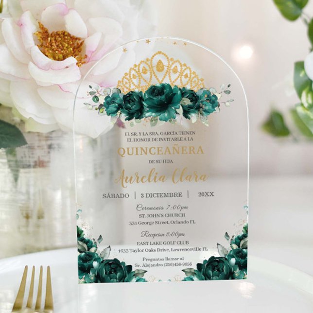 Emerald Green Floral Quinceanera Princess Crown Acrylic Invitations (Creator Uploaded)