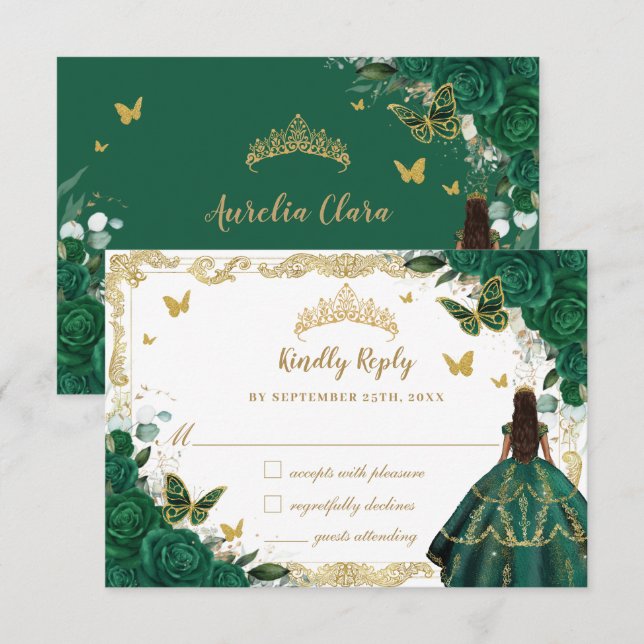 Emerald Green Floral Quinceañera Princess Crown RSVP Card (Front/Back)