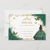 Emerald Green Floral Quinceañera Princess Crown RSVP Card (Front)
