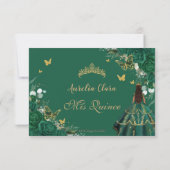 Emerald Green Floral Quinceañera Princess Crown RSVP Card (Back)