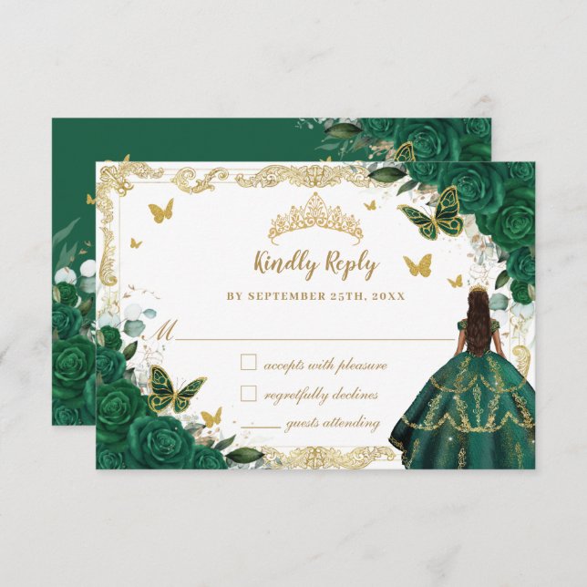 Emerald Green Floral Quinceañera Princess Crown RSVP Card (Front/Back)