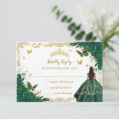 Emerald Green Floral Quinceañera Princess Crown RSVP Card (Standing Front)