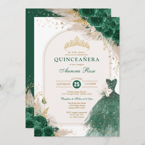Emerald Green Floral Quinceaera Princess Dress Invitation
