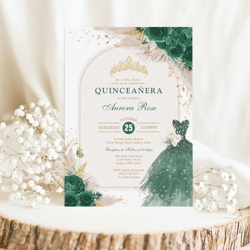 Emerald Green Floral Quinceaera Princess Dress Invitation