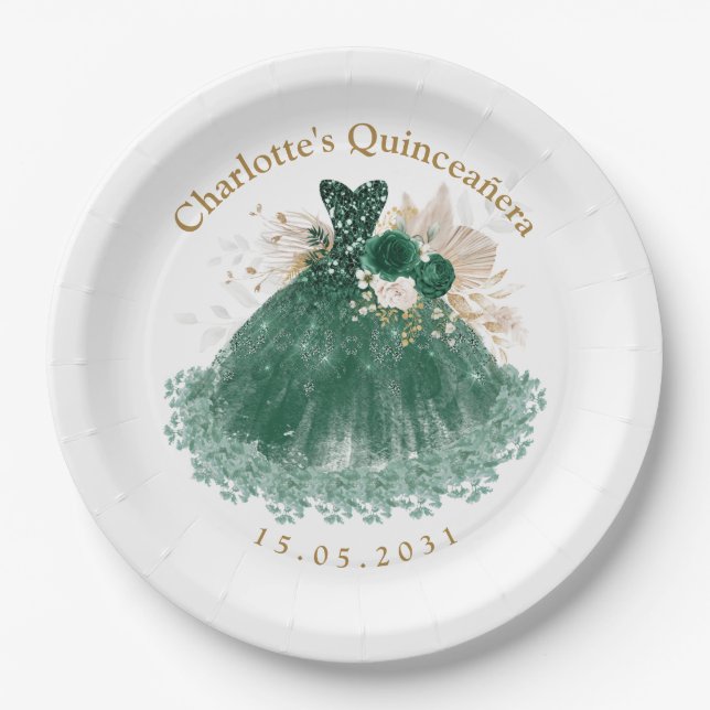 Emerald Green Floral Quinceanera Princess Dress Paper Plates (Front)