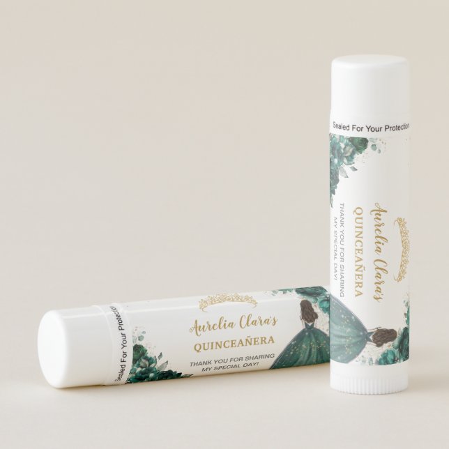 Emerald Green Floral Quinceanera Princess Favor Lip Balm (Front)