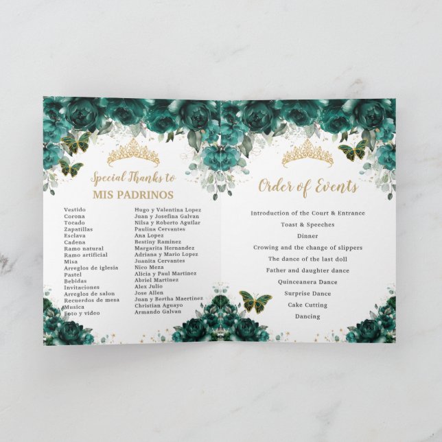 Emerald Green Floral Quinceanera Princess Padrinos Program (Inside)