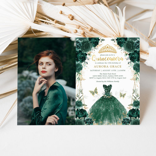 Emerald Green Floral Quinceañera Princess Photo