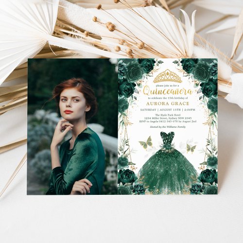 Emerald Green Floral Quinceaera Princess Photo Invitation