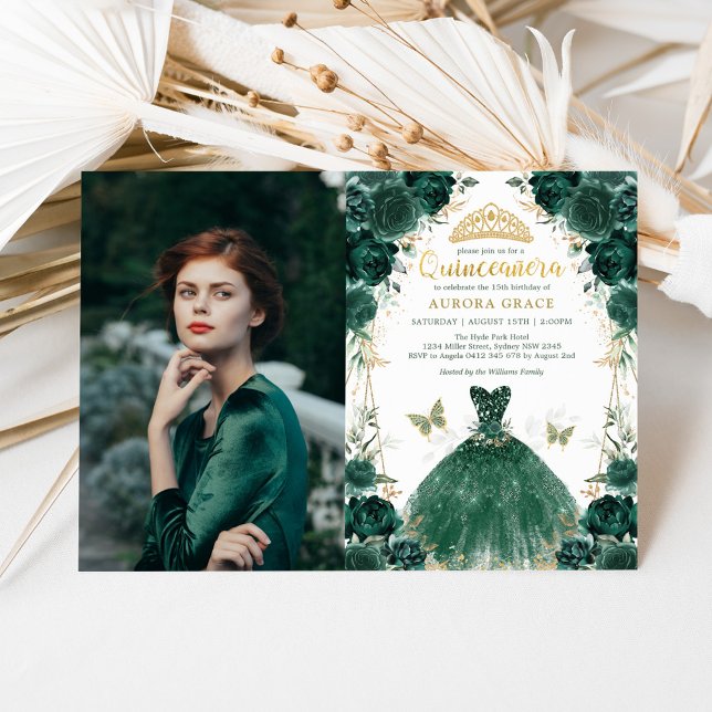 Emerald Green Floral Quinceañera Princess Photo Invitation (Creator Uploaded)