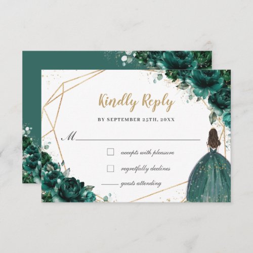 Emerald Green Floral Quinceaera Princess Reply RSVP Card