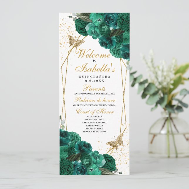 Emerald Green Floral Quinceanera Program (Standing Front)