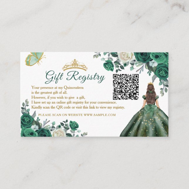 Emerald Green Floral Quinceañera QR Gift Registry Enclosure Card (Front)