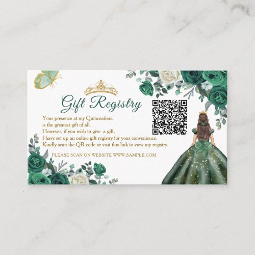 Emerald Green Floral Quinceaera QR Gift Registry Enclosure Card