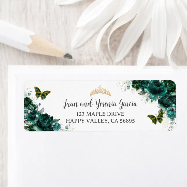 Emerald Green Floral Quinceanera Return Address Label | Zazzle