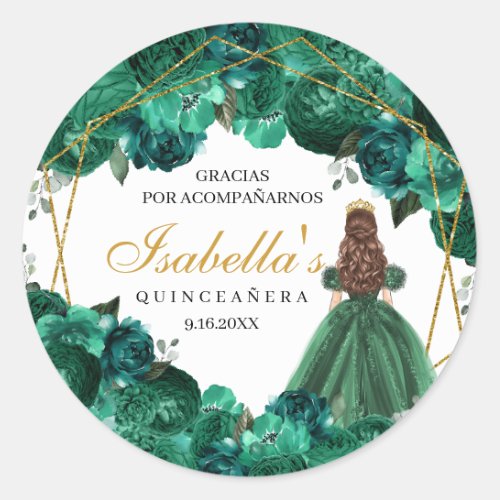 Emerald Green Floral Quinceanera Round Stickers