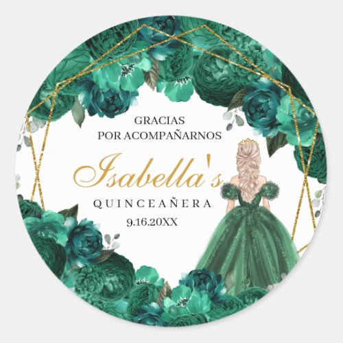 Emerald Green Floral Quinceanera Round Stickers