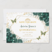 Emerald Green Floral Quinceanera Save the Date Announcement (Front)