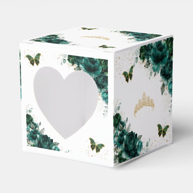 Emerald Green Floral Quinceanera Sweet 16 Mini  Favor Boxes (Front Side)